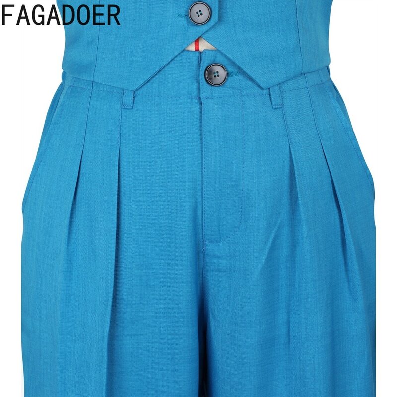 Fanadoer-طقم أنيق من قطعتين للنساء ، ملابس بلون واحد ، بنطال بساق واسعة ، رقبة على شكل حرف v ، بدون أكمام ، أعلى الأزرار والسراويل ،
