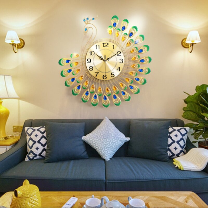 ساعة حائط طاووس كريستالية معدنية صامتة ثلاثية الأبعاد ، ديكور غرفة المعيشة ، فن حديث ، 38 × 38 ، ديكور المنزل ، 15 بوصة ، 1