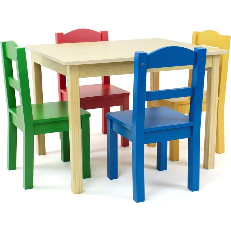 طاولة خشبية للأطفال و 4 كراسي مجموعة ، طبيعية ، مجموعة أولية