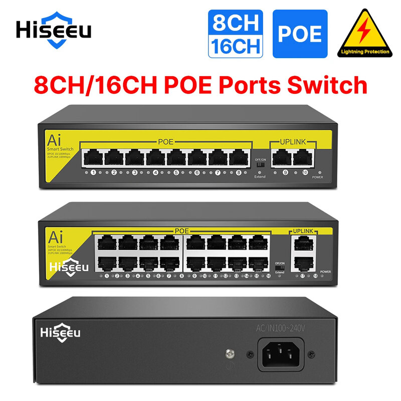مفتاح Hiseeu-Ethernet لكاميرا IP ، 8 منافذ ، 16 منفذ ، 48 فولت ، 10 ميغابايت في الثانية ، ، Mbps ، نظام أمان CCTV ، لاسلكي AP ft iee af/at