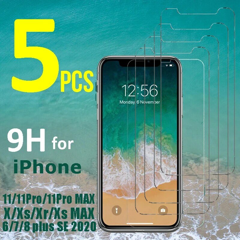 واقي شاشة من الزجاج المقوى 9H لهاتف IPhone 11 Pro ، Max ، X ، XS Max ، XR ، 6 ، 7 ، 8 Plus