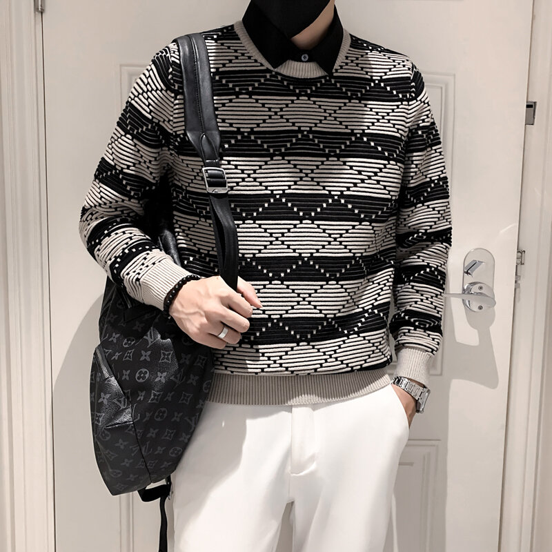 Shirt Collar Fake Two Sweaters/ High Quality Men's New Autumn Winter Stripes Slim Fit Casual Korean Thickened Knitting Pullover