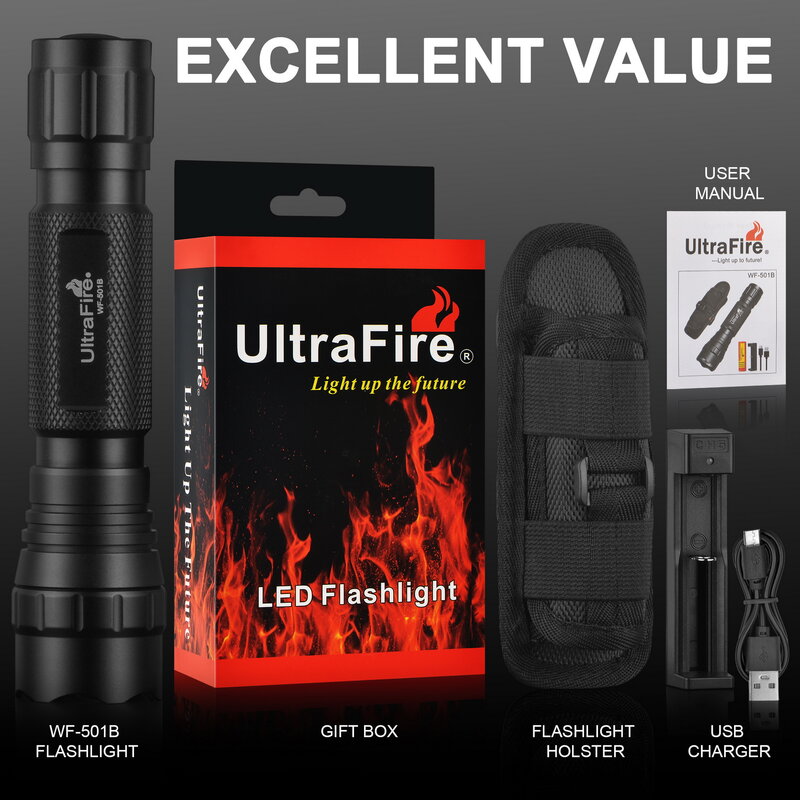 UltraFire LED التكتيكية 18650 501B مصباح يدوي وضع واحد 1200 التجويف عالية مع واجب حزام الحافظة بطارية قابلة للشحن وشاحن