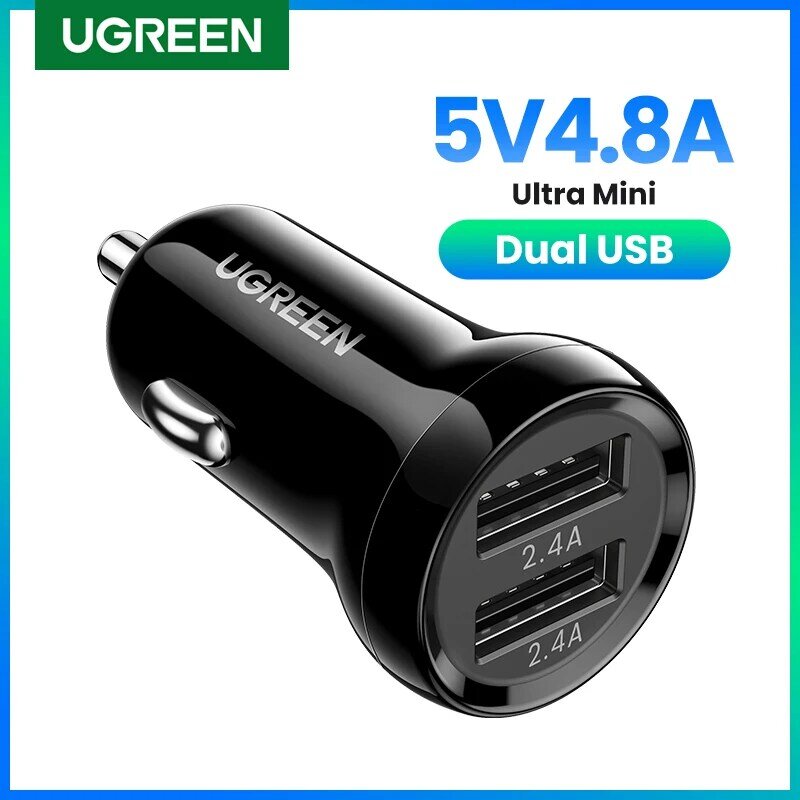 Ugreen شاحن سيارة USB صغير للهاتف المحمول اللوحي لتحديد المواقع 4.8A شاحن سريع شاحن سيارة USB مزدوج شاحن سيارة الهاتف محول في السيارة