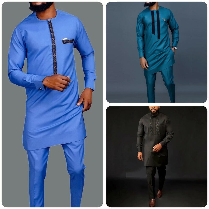 Dashiki الأفريقية الرجال ملابس الرجال دعوى الأزرق عادية كم طويل العرقية طباعة قميص و السراويل قطعتين الرجال مجموعات (M-4XL) 2022