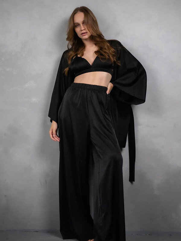 Marthaqiqi-مجموعة ملابس نوم طويلة الأكمام على شكل حرف v للنساء ، ملابس داخلية مثيرة ، بيجاما بأربطة ، سروال ملابس نوم ، بدلة نوم ، 3 قطع
