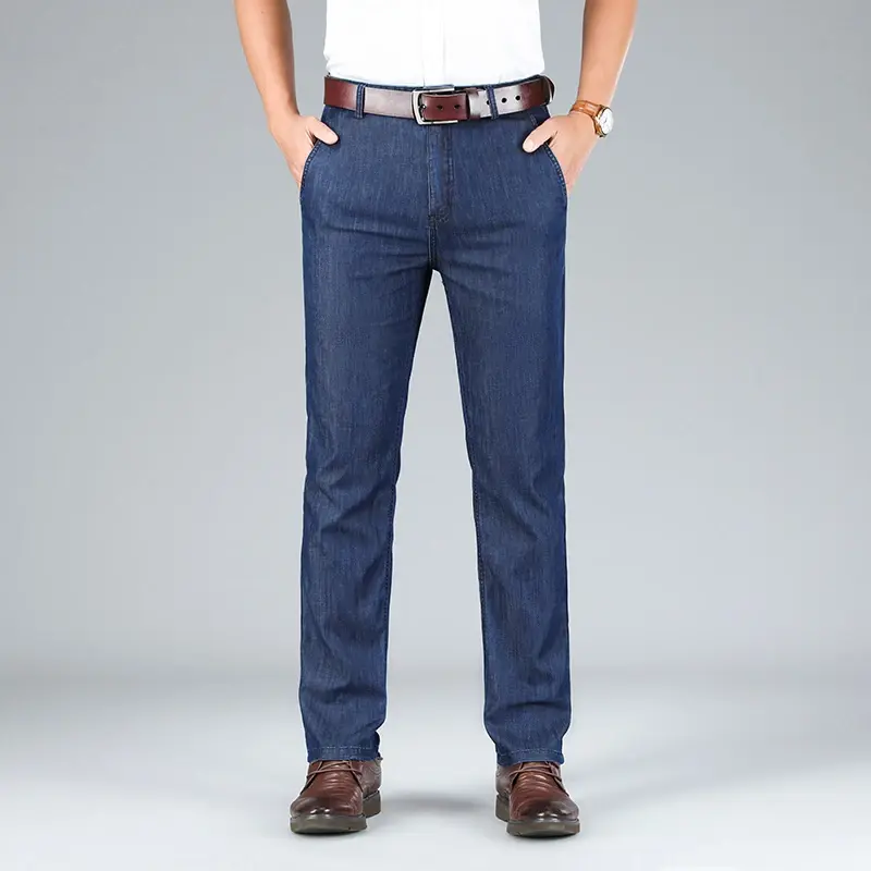 بنطلون جينز قطني مطاطي خفيف الوزن للرجال ، جينز فاخر الطراز ، علامة تجارية رقيقة خفيفة ، ليوسيل عالي ، مناسب ، مستقيم ، ملابس