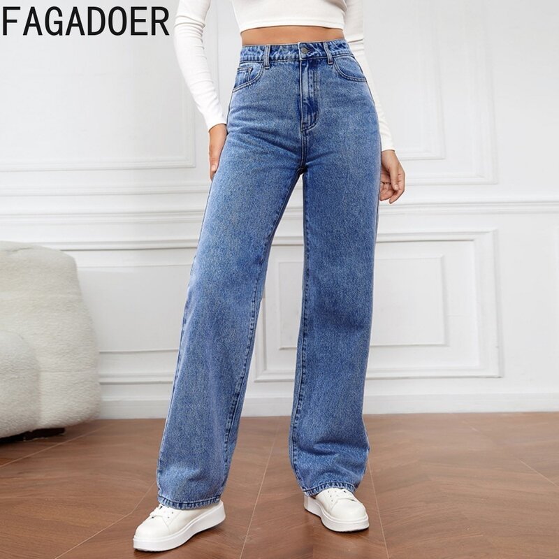 FAGADOER-سراويل جينز غير رسمية مستقيمة للنساء ، خصر مرتفع ، جينز بأزرار ، قينول رعاة البقر متطابقة ، أزياء نسائية ، #3