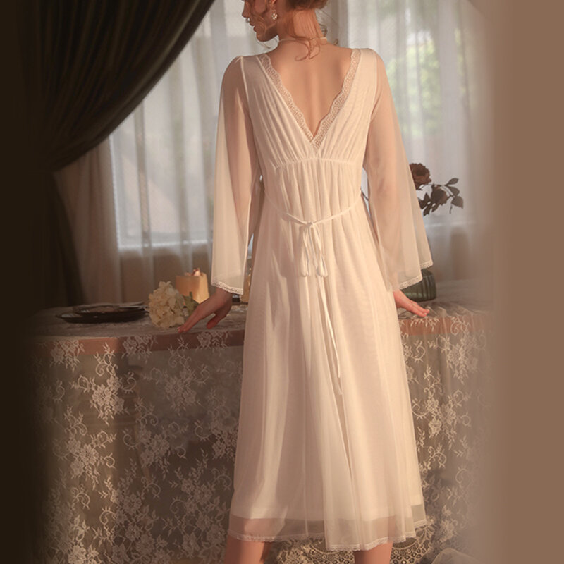 ثوب النوم النسائي المثير الخامس الرقبة شبكة بيجامة النوم كم طويل مع وسادة قميص النوم ملابس المنزل ليلا فستان النوم