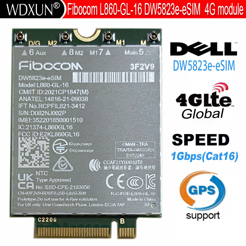 DW5823e DW5823e-eSIM Fibocom L860-GL-16 CAT16 المتعدد LTE WCDMA وحدة الشبكة العالمية 1Gbps لخط العرض 5440 5540 7440 7640