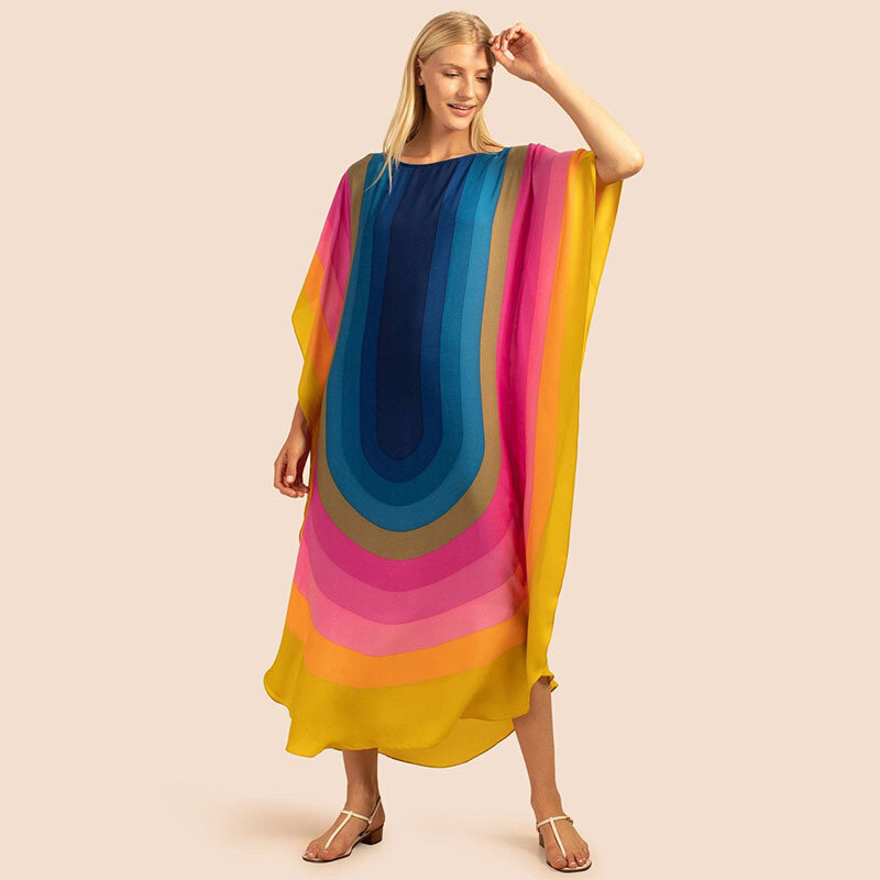Rainbow Striped Long Kaftan Bikini Cover-ups Loose Summer Beach Dress Women Chiffon Beach Wear Robe De Plage
