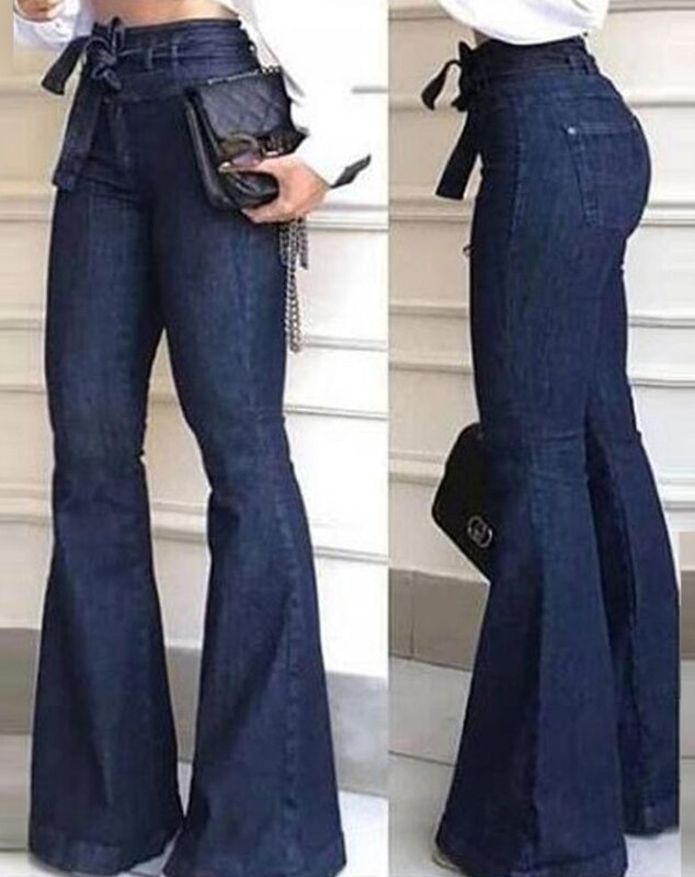 جينز نسائي عالي الخصر بساق واسعة بتصميم جيب ، سراويل دينم ضيقة ، ملابس غير رسمية نسائية ، موضة مزاجية ، جديدة