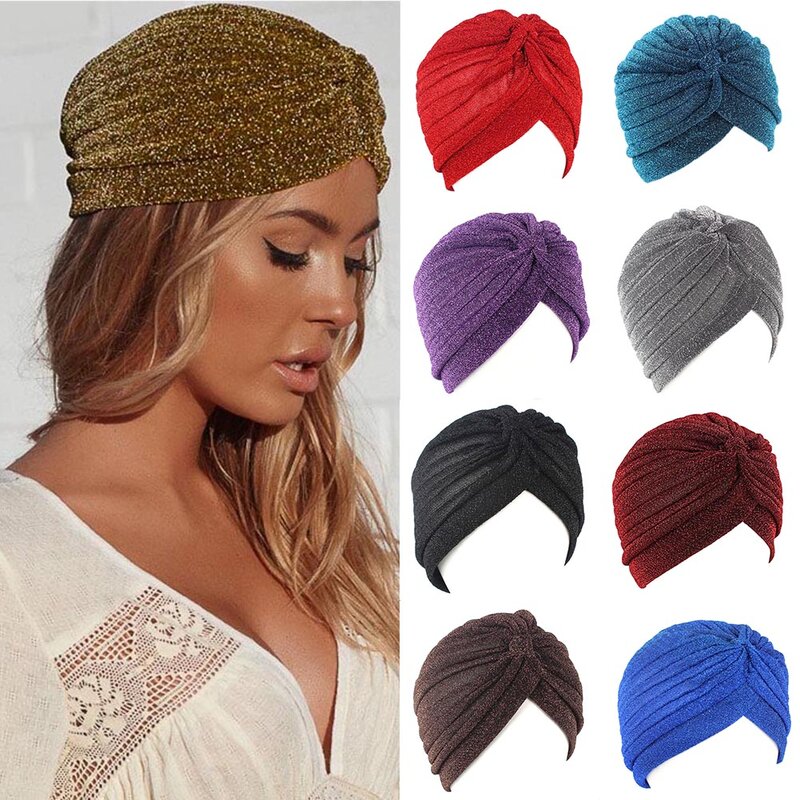 النساء تألق الفضة الذهب عقدة تويست عمامة Headbands قبعة الخريف الشتاء الدافئة أغطية الرأس عادية الشارع الشهير الإناث مسلم الهندي القبعات