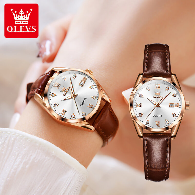 ساعة كوارتز ماسية للنساء من OLEVS ، حزام جلدي ، ساعات يد ، مقاومة للماء ، تقويم ، علامة تجارية مشهورة ، فاخرة ، عصرية