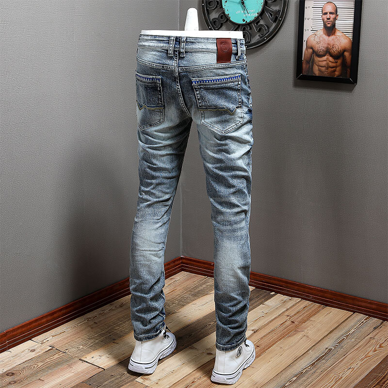 حديثا مصمم الازياء الرجال الجينز الرجعية الأزرق مطاطا تمتد سليم صالح مطبوعة ممزق جينز الرجال Vintage جينز غير رسمي Hombre