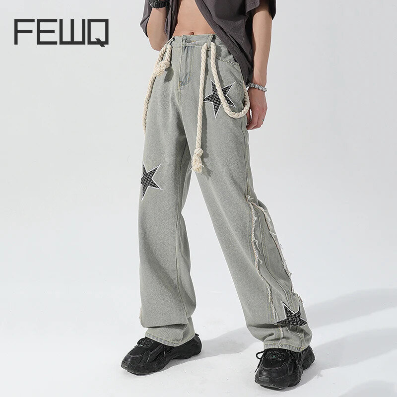 FEWQ-جينز رجالي مستقيم الساق ، بنطلون كاجوال فضفاض ، ساق واسعة ، لون متباين ، بنطلون رجالي ، موضة جديدة ، 24X9003 ، ربيع ،