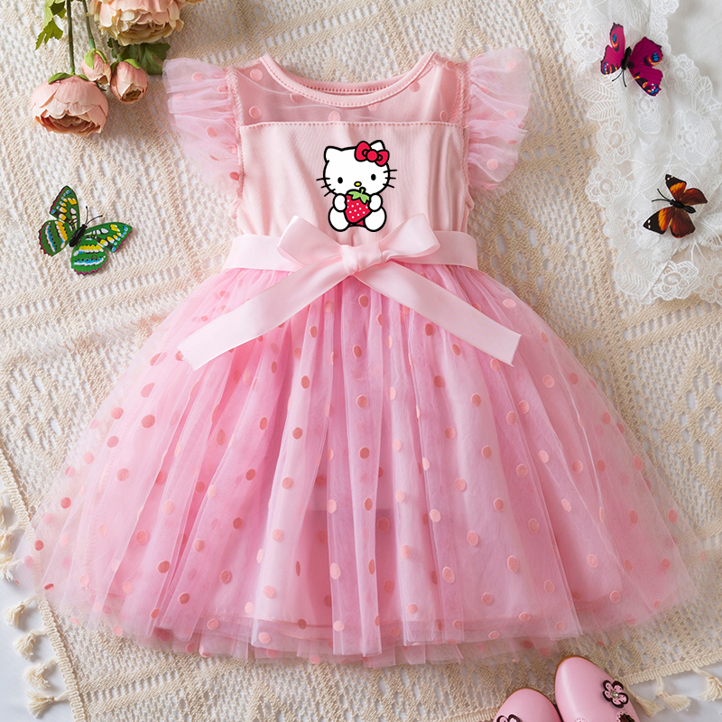 فستان Hello Kitty للفتيات ، تنورة شبكية للأميرة ، ملابس بلا أكمام ، فساتين حفلات زفاف فاخرة للفتيات ، الصيف ، 2-6 سنوات