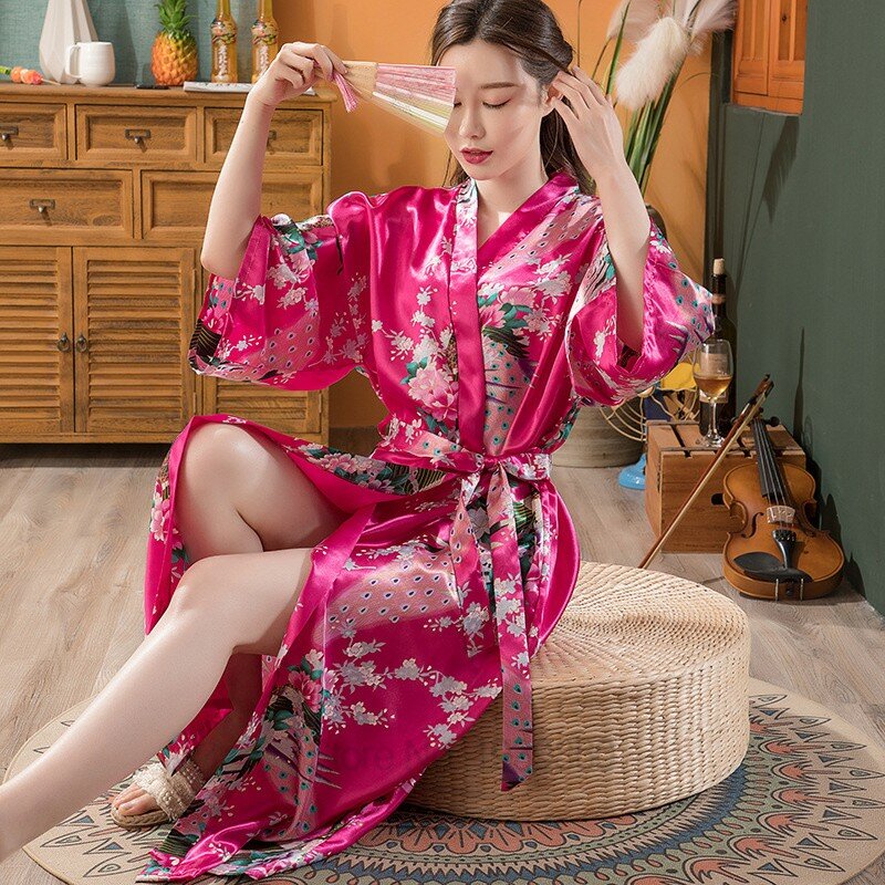 طباعة الصينية المرأة الحرير رايون Robes طويل مثير ثوب النوم يوكاتا كيمونو حمام ثوب النوم حجم كبير البشاكير الحميمة الملابس الداخلية