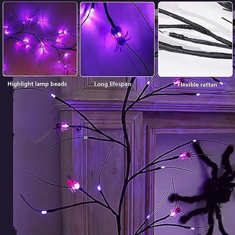 أضواء سلسلة كرمة للهاليان ، لون أسود وأرجواني مع ديكور العنكبوت ، ديكور شجرة داخلي وخارجي