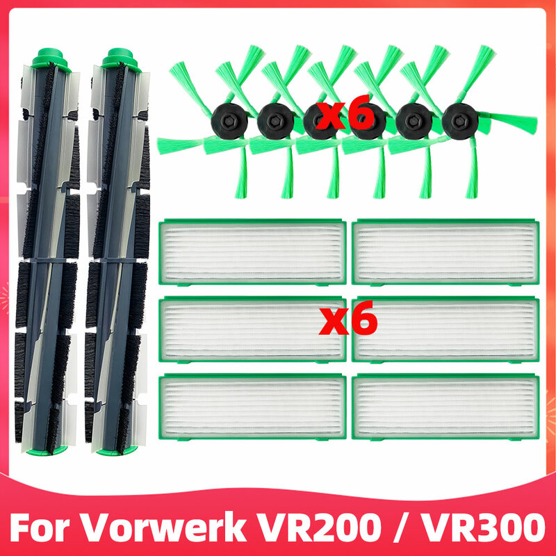 قطع الغيار المتوافقة مع مكنسة الغبار Vorwerk VR200 / VR300: فرشاة مطاطية رئيسية دوارة، فرش جانبية دوارة، فلتر HEPA.