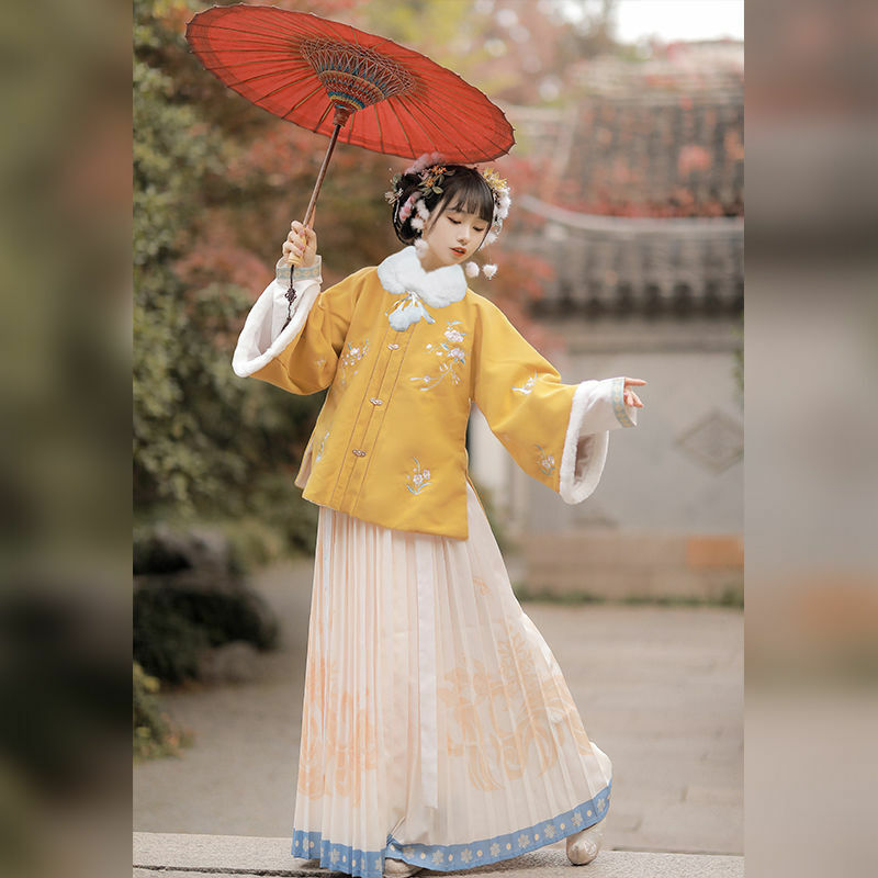 مجموعة ملابس للخريف والشتاء لعام 2023 لأسرة مينغ الصينية التقليدية Hanfu مطرزة بالزهور للنساء فساتين خرافية للفتيات للعام الجديد