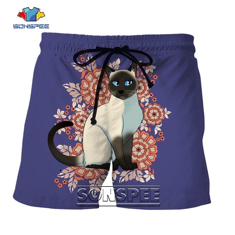 SONSPEE سيامي خاص هريرة ثلاثية الأبعاد الطباعة سروايل غير رسمية جميلة القط هريرة ملابس رجالية شاطئ الهيب هوب المتضخم السراويل القصيرة