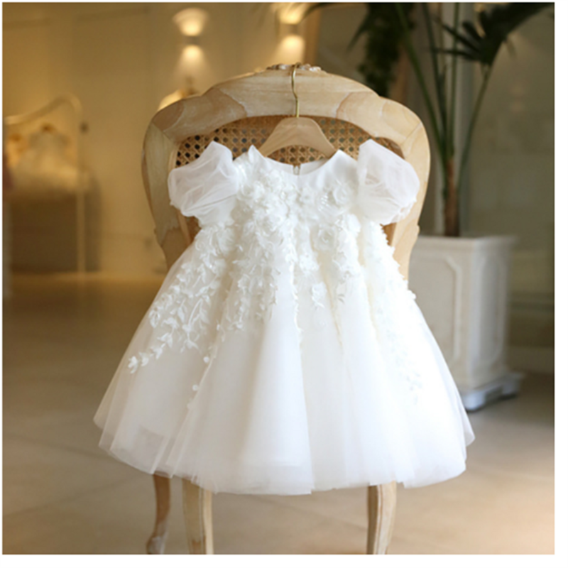 فستان أميرة مخصص عالي الخصر ، ثوب تواصل رقيق ، فستان فتاة أبيض بزهرة للطفل ، عيد ميلاد وحفل زفاف ، تعميد