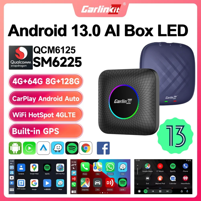 2024 CarlinKit CarPlay AI Box Android 13 QCM6225 8-Core Android Auto Wireless CarPlay محول WiFi 4GLTE Connect GPS 64G 128G FOTA ترقية لسيارات CarPlay السلكية
