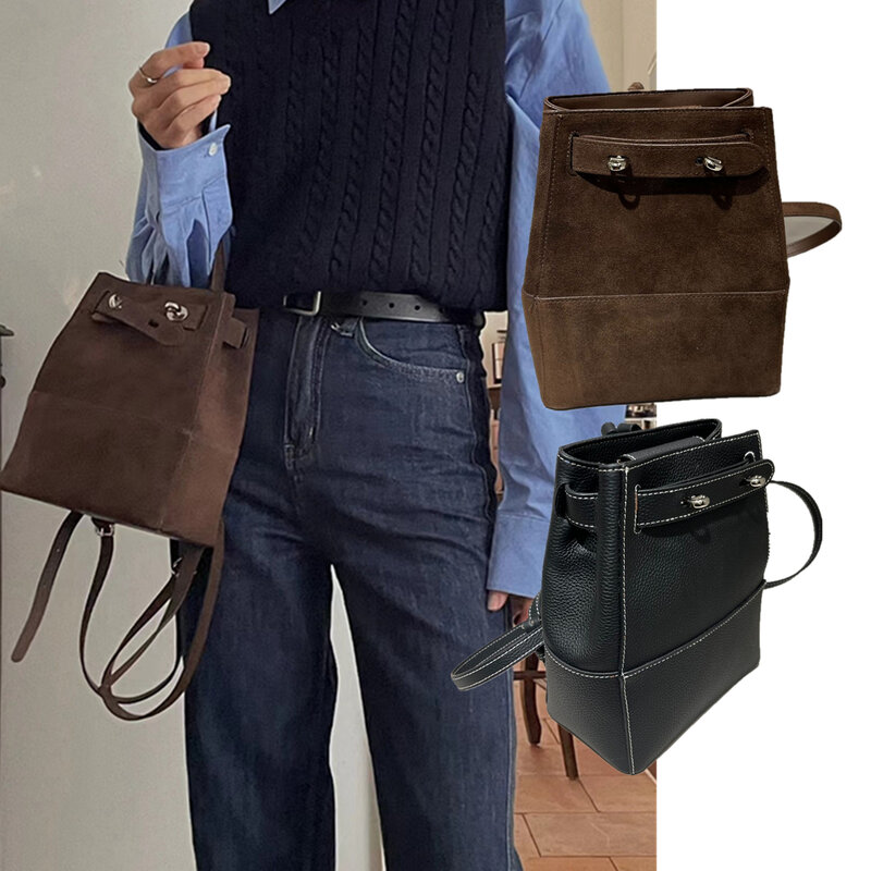 جيني & ديف-حقيبة دلو ذات سعة كبيرة للنساء ، حقيبة ظهر من جلد البقر ، حقيبة فرنسية ، بسيطة ، جلد طبيعي ، ريترو ، سعة كبيرة