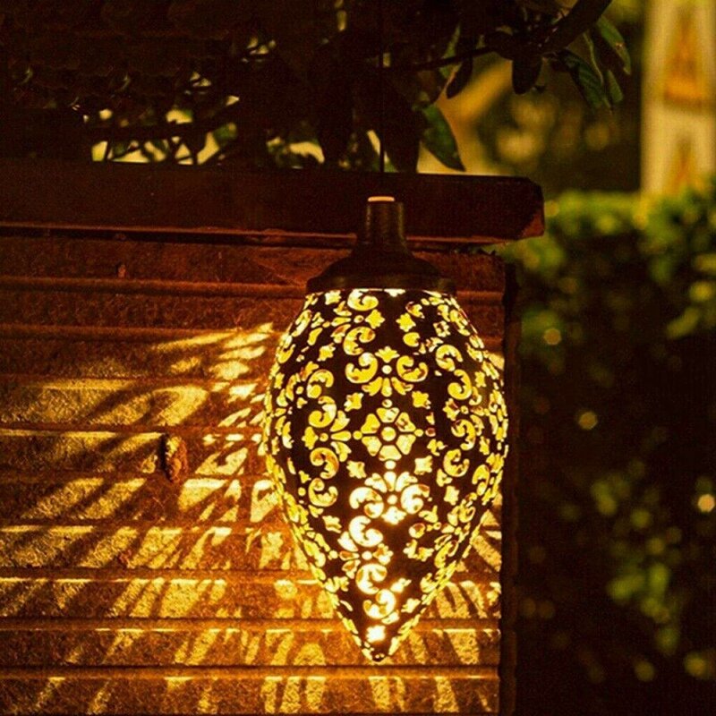 4X تعمل بالطاقة الشمسية LED المغربي فانوس معلق الرجعية المغربي نمط الإسقاط مصباح في الهواء الطلق حديقة الجنية ضوء عدة