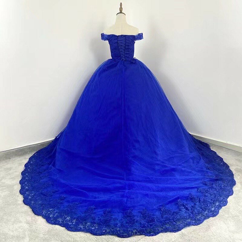 خريف جديد Vestidos الأزرق فستان Quinceanera مع تريا أنيقة قبالة الكتف الكرة ثوب حفلة فاخرة بالإضافة إلى حجم ثوب حفلة موسيقية