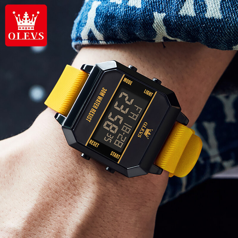 ساعة OLEVS رقمية مقاومة للماء للرجال مع حزام سيليكون ، إلكترونية ، رياضية ، منبه ، جديد ، موضة ، علامة تجارية ،