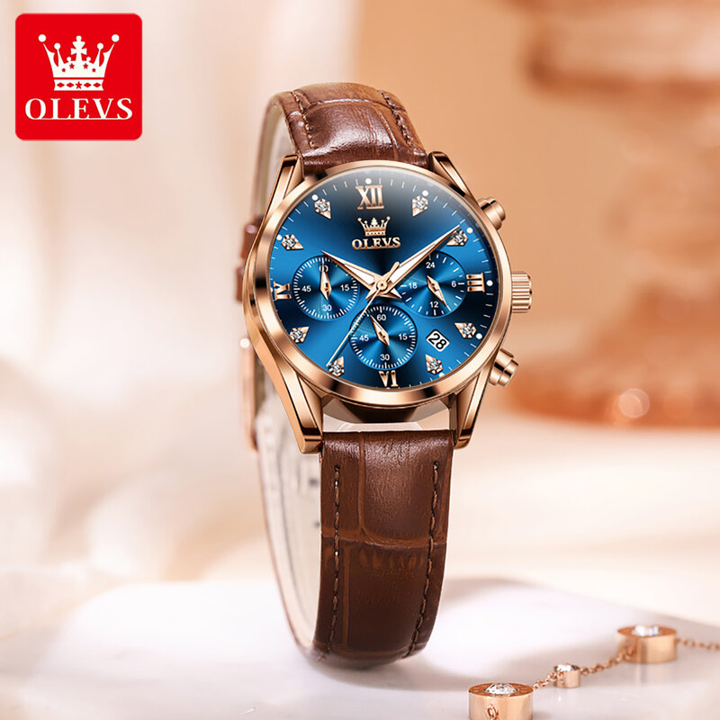 OLEVS-ساعة كوارتز كرونوغراف نسائية فاخرة ، حزام جلدي ، تقويم مضيء مقاوم للماء ، علامة تجارية عالية ، ساعة عصرية