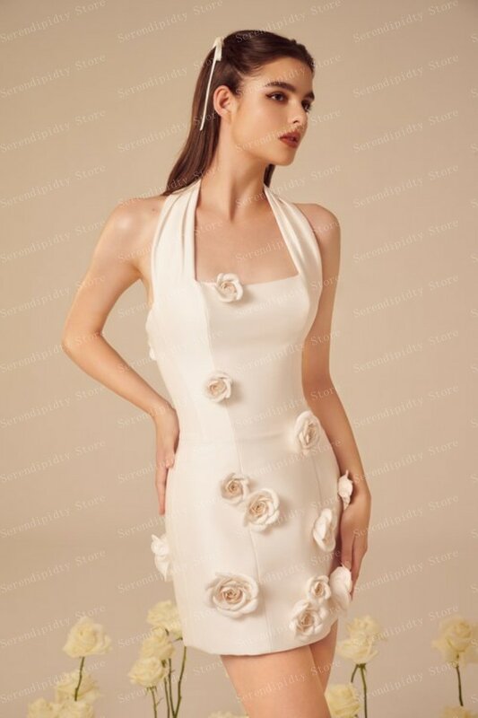 فستان ساتان أبيض جميل للنساء ، طول صغير ، قلادة الرسن ، مخصص ، أي لون ، زهور ثلاثية الأبعاد ، فستان حفلة موسيقية