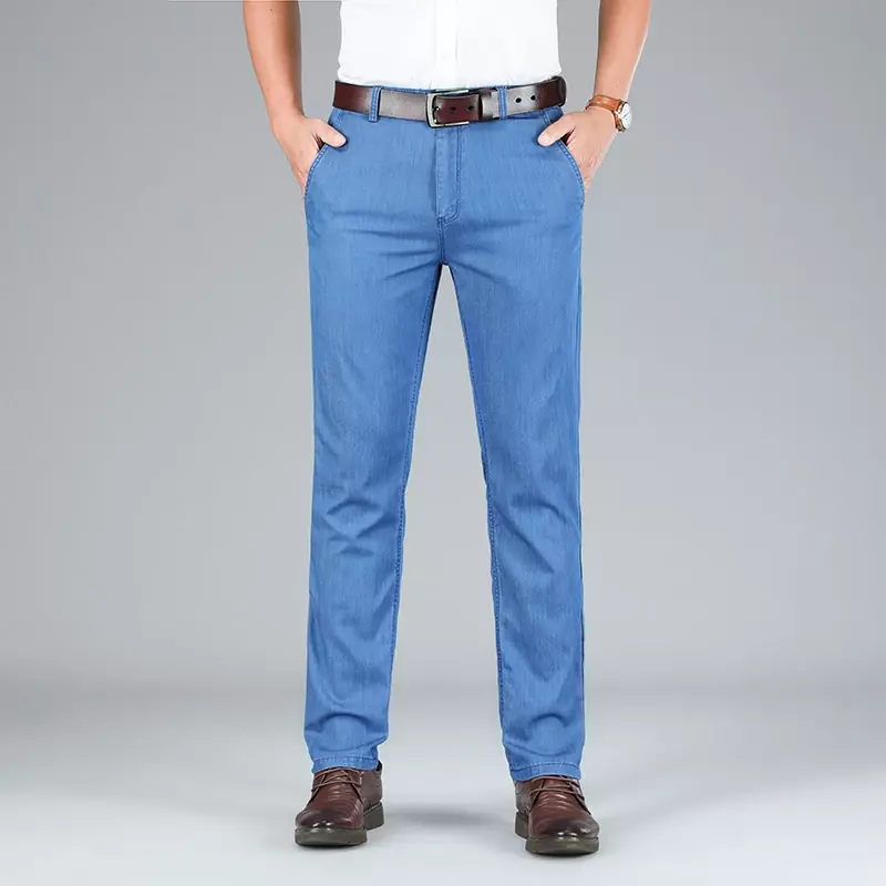 بنطلون جينز قطني مطاطي خفيف الوزن للرجال ، جينز فاخر الطراز ، علامة تجارية رقيقة خفيفة ، ليوسيل عالي ، مناسب ، مستقيم ، ملابس