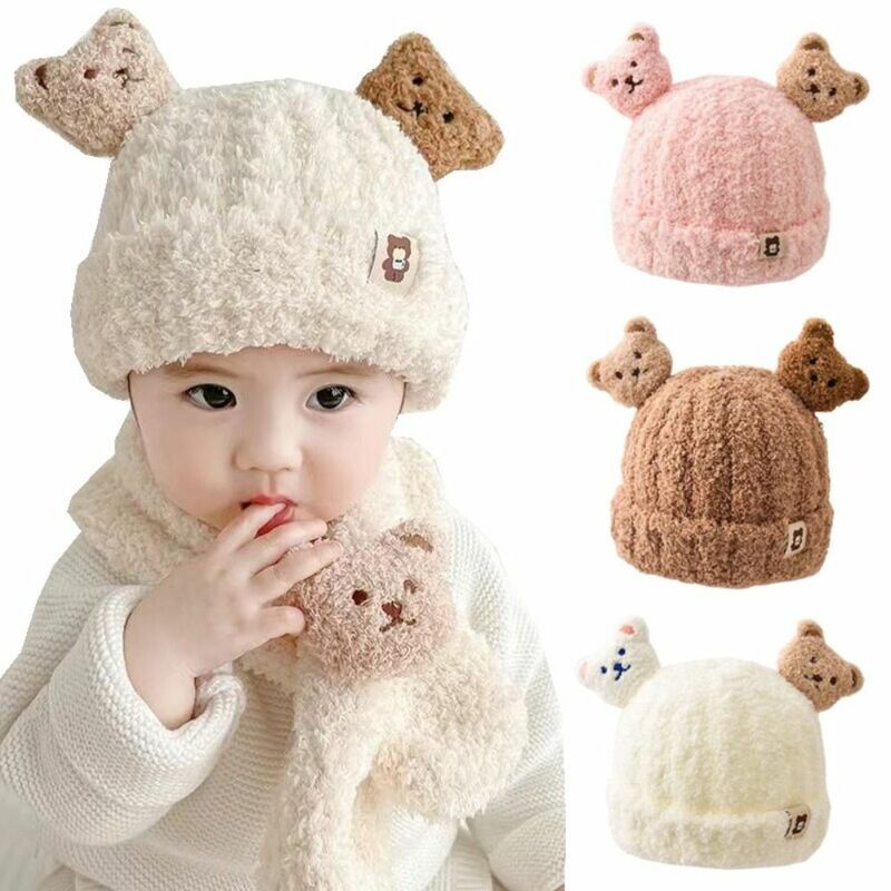 الكرتون الدب الطفل الشتاء قبعة و وشاح مجموعة ، حماية الأذن ، الدفء قبعة صغيرة ، سميكة أفخم الأوشحة ، الرضع طفل