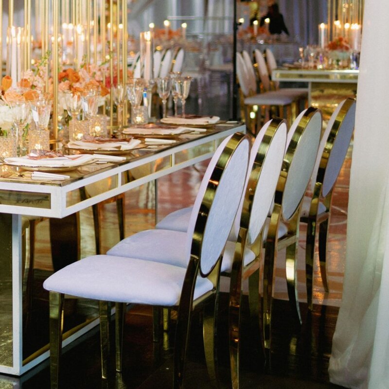 طاولة زفاف حديثة من الفولاذ المقاوم للصدأ ، كراسي للولائم ، الحفلات والأحداث ، تصميم جديد ، 18 قطعة