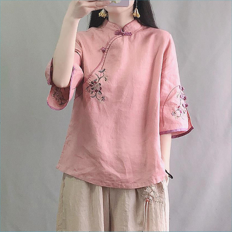 جديد الخريف متعدد الألوان سبعة أرباع السيدات القطن قميص كتان بلوزة الصينية التقليدية المرأة رداء علوي Ttang الرسمي Hanfu