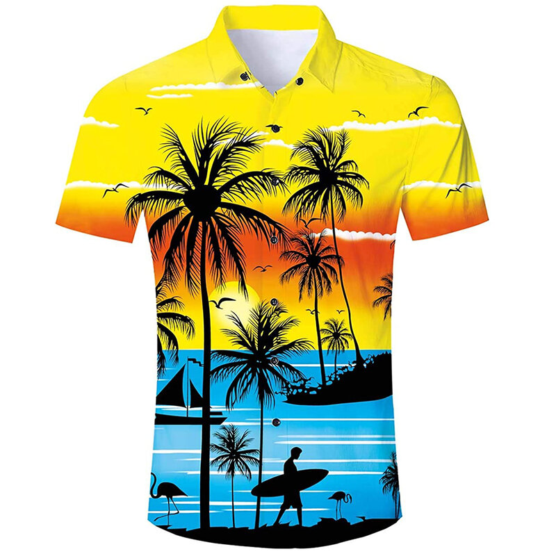الرجال قمصان هاواي الاتحاد الأوروبي حجم 5XL جوز الهند شجرة ثلاثية الأبعاد طباعة الصيف فضفاضة قصيرة الأكمام قميص زر عادية أسفل قمصان الشاطئ عطلة