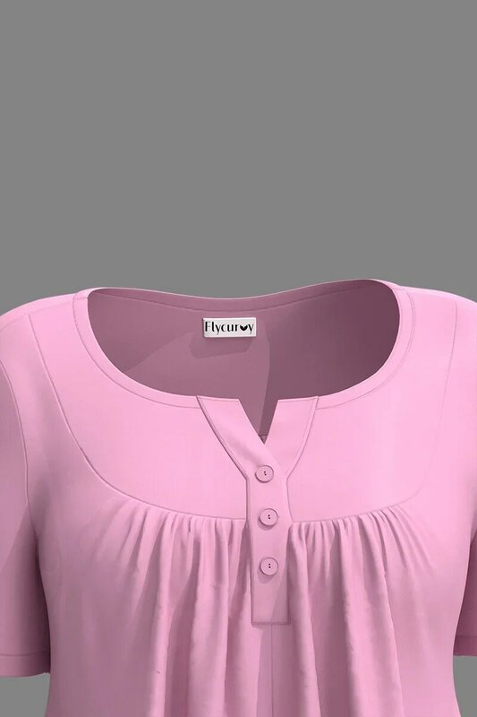 تي شيرت بأكمام قصيرة للنساء ، قميص مطوي برقبة مستديرة ، لون فضفاض ومتين ، زر ديكور ، حجم كبير ، الصيف