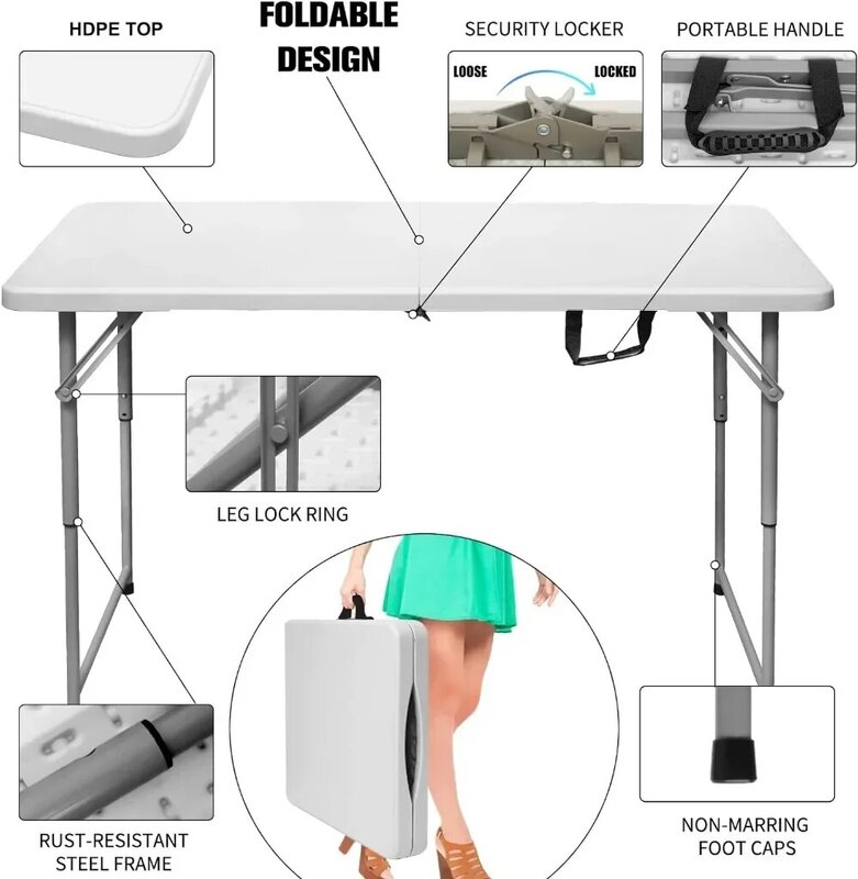 طاولة بلاستيكية قابلة للطي شديدة التحمل محمولة ، طاولة فائدة ، صغيرة ، داخلية ، خارجية ، ارتفاع قابل للتعديل ، 4 أقدام