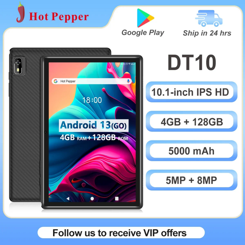 تابلت هوت Pepper-Dt10 مع واي فاي ، 10.1 بوصة IPS HD ، 2.5D ، 4GB RAM ، 128GB ROM ، معالج IMG8300 ، بطارية 5000mAh ، أندرويد 13 ، Type-C