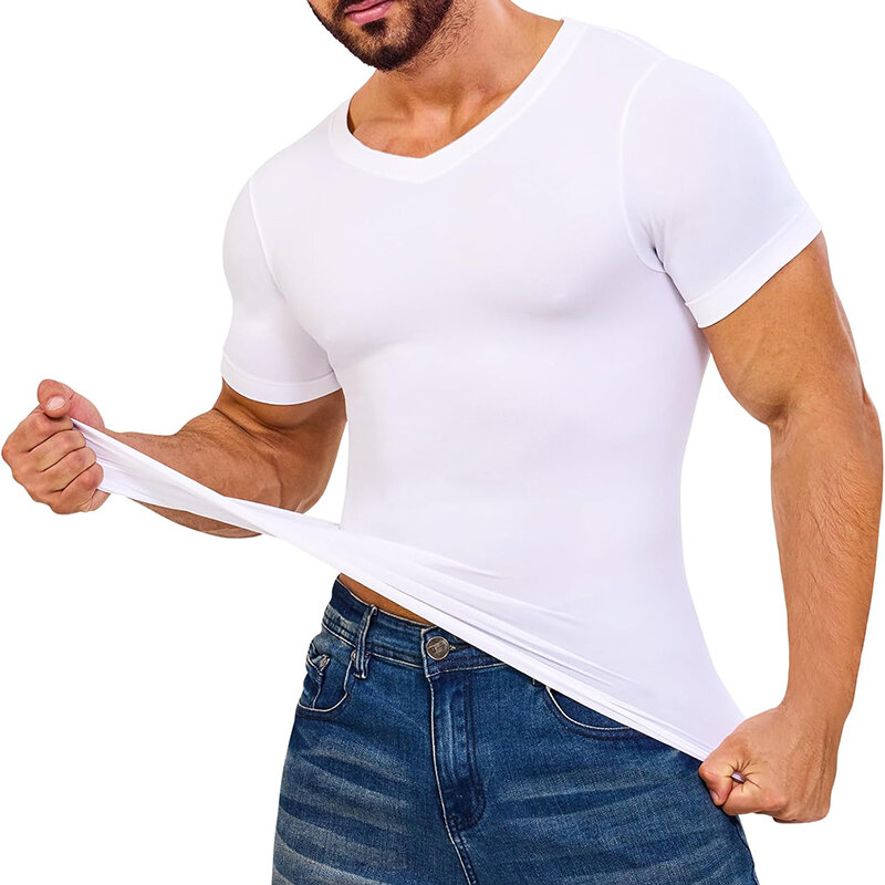 مشد جسم بأكمام قصيرة للرجال ، قمصان ضغط رقبة حرف V ، فانيلة داخلية للتنحيف ، ملابس داخلية لتمارين العضلات والبطن ، قمم للتحكم في البطن