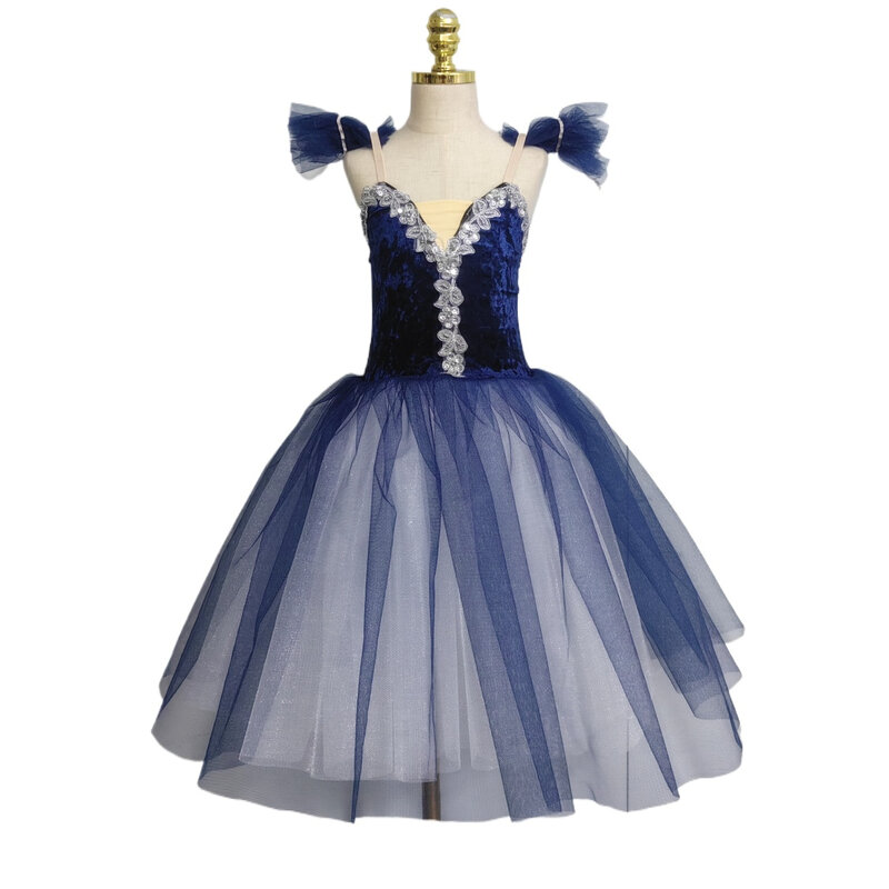 تنورات توتو الباليه الأزرق لممارسة رقص الأميرات ، فستان رومانسي طويل ، أزياء الأداء