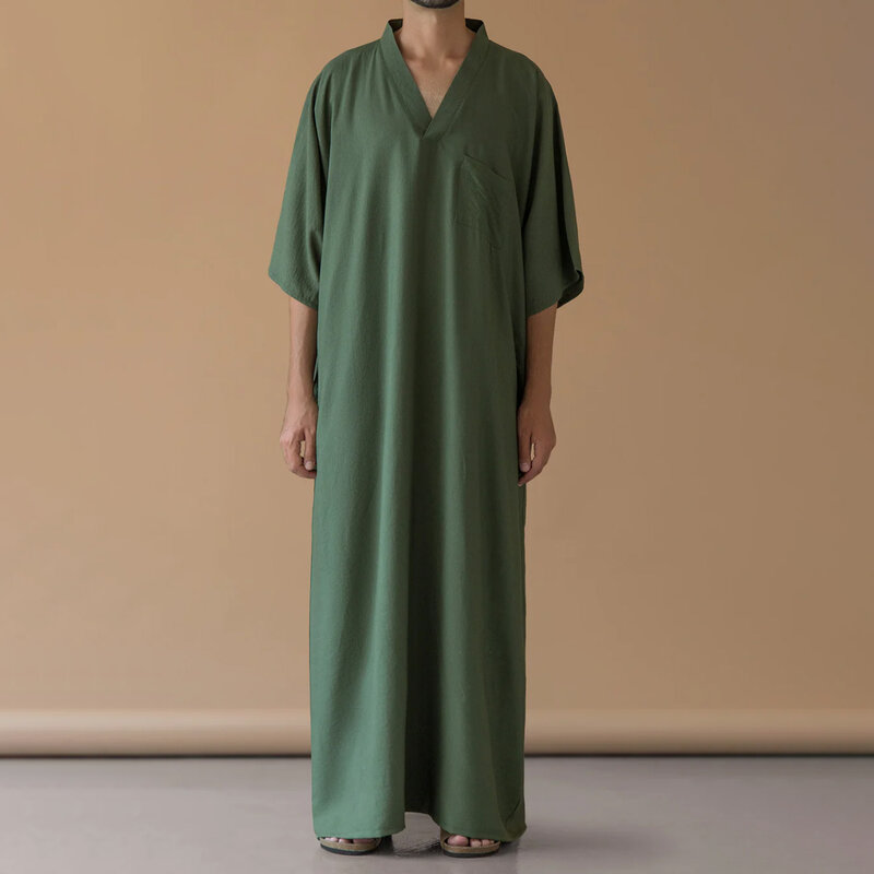 فستان إسلامي بجيوب للرجال ، كم طويل ، رداء قفطان صلب ، قفطان إسلامي ، ثوب عربي ، ثوب طويل ، رقبة حرف V ، رمضان
