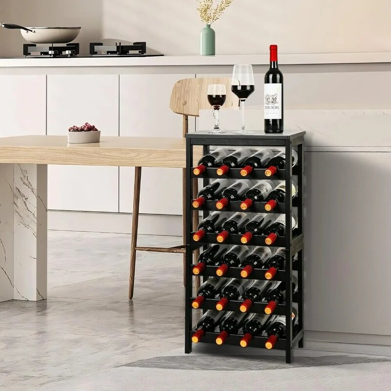 عرض رفوف تخزين النبيذ مع سطح الطاولة ، رف نبيذ من الخيزران 24 درجة ، رف للمطبخ ، بار ، غرفة طعام ، غرفة معيشة ، 6 طبقات