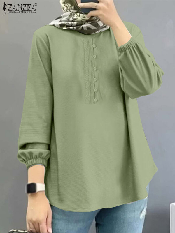ZANZEA-بلوزة إسلامية عتيقة غير رسمية للنساء ، قميص كروشيه دانتيل ، ملابس إسلامية ، بلوزات برقبة دائرية ، كم طويل ، موضة خريف ، 2023