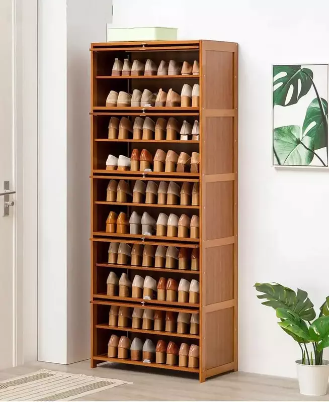 خزانة تخزين أحذية من الخيزران طويل القامة ، رف أحذية قائم بقائمة بذاتها ، رف تخزين بأبواب قلاب ، تخزين كعب الأحذية ، 10 طبقات