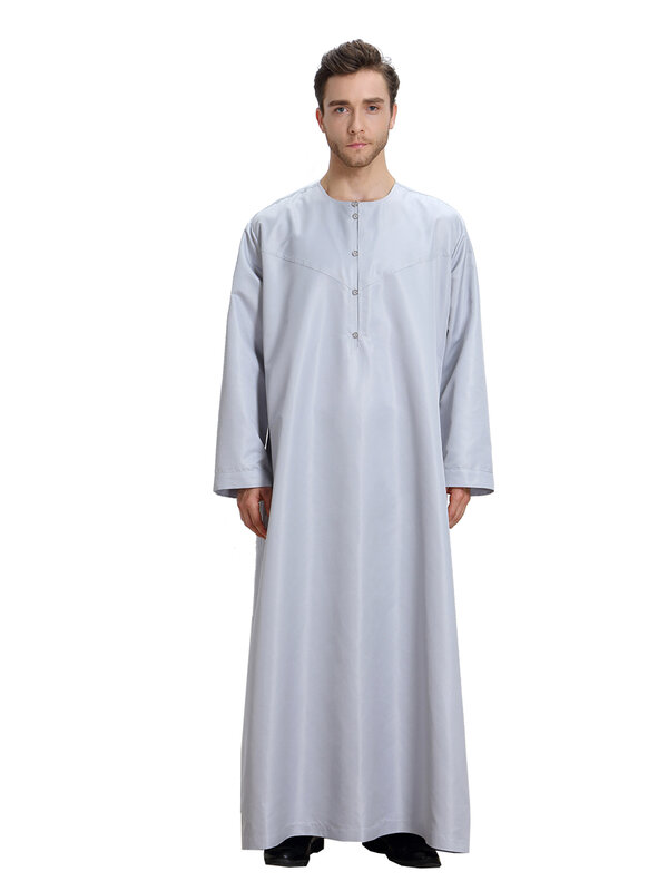 رداء رجالي إسلامي بلون سادة وأكمام طويلة وياقة دائرية وزر ثوب عربي للكبار طول الكاحل ثوب رجالي رمضاني للعيد