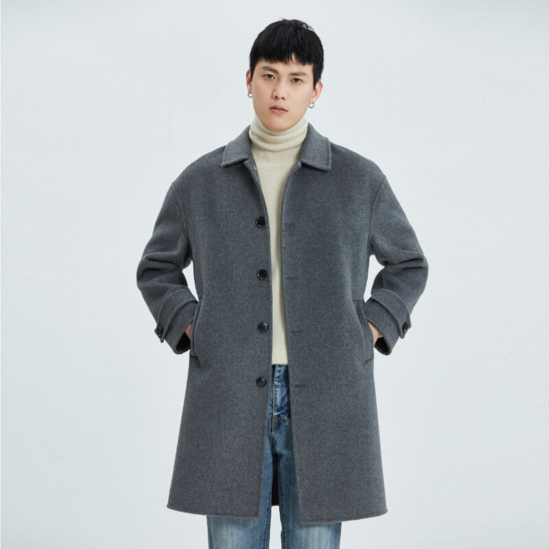 Jueqi-معطف رجالي من الكشمير على الطراز الكوري ، متوسط الطول ، معطف صوف مزدوج الوجه ، 100% من الصوف الخالص ، معطف بلون الجمل ، MR-3024